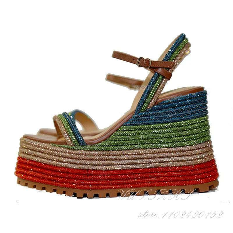 KIMLUD, Women Sugarbaby Crystal Sequin Striped Wedge Sandals Platform 12.5Cm Heels Red Green Buckle Mixed Colors Open Bling Dress Shoes, 12.5cm as picture / 35, KIMLUD APPAREL - Womens Clothes