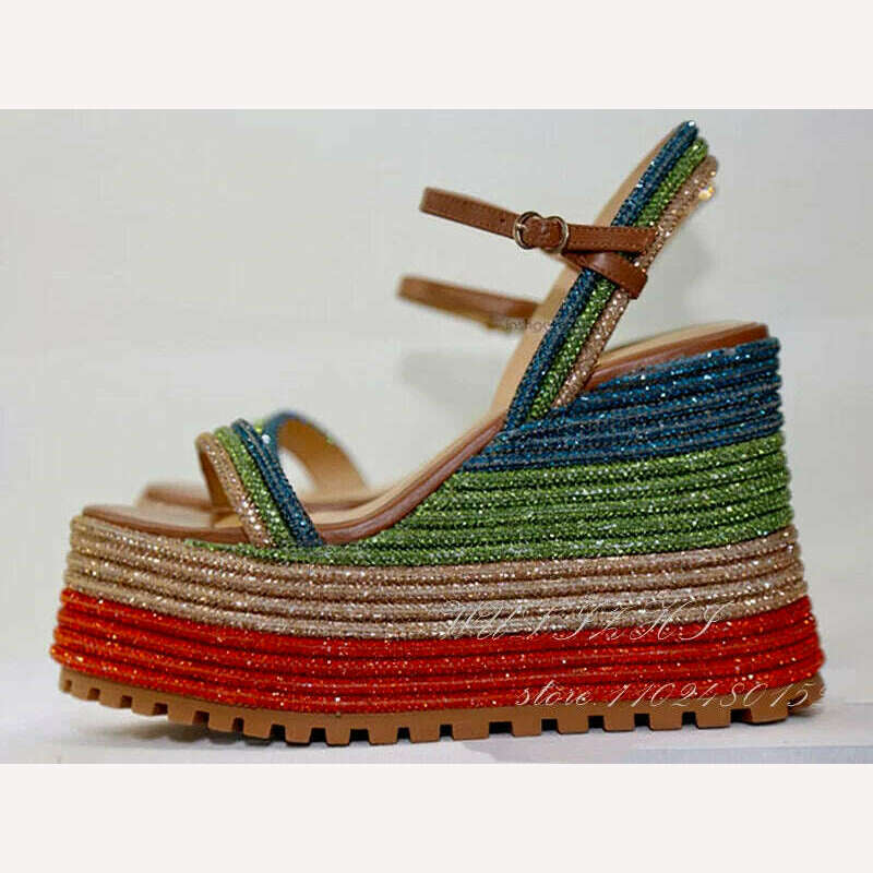 KIMLUD, Women Sugarbaby Crystal Sequin Striped Wedge Sandals Platform 12.5Cm Heels Red Green Buckle Mixed Colors Open Bling Dress Shoes, KIMLUD Womens Clothes