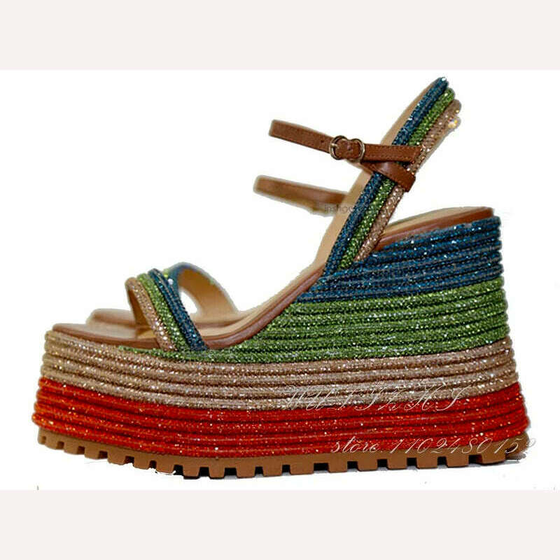 KIMLUD, Women Sugarbaby Crystal Sequin Striped Wedge Sandals Platform 12.5Cm Heels Red Green Buckle Mixed Colors Open Bling Dress Shoes, KIMLUD Womens Clothes