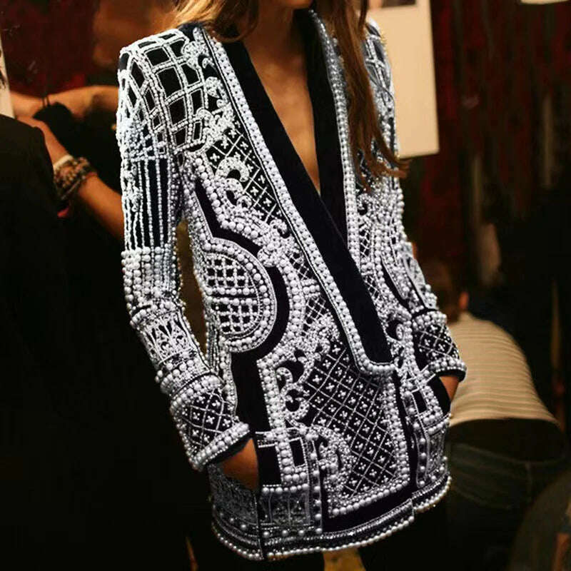 KIMLUD, Women Suit Jacket V-Neck Long Sleeved Bubble Bead Print Retro Elegant Fashion Trend Versatile Loose Comfortable Suit Overcoat, Silver / 2XL, KIMLUD APPAREL - Womens Clothes