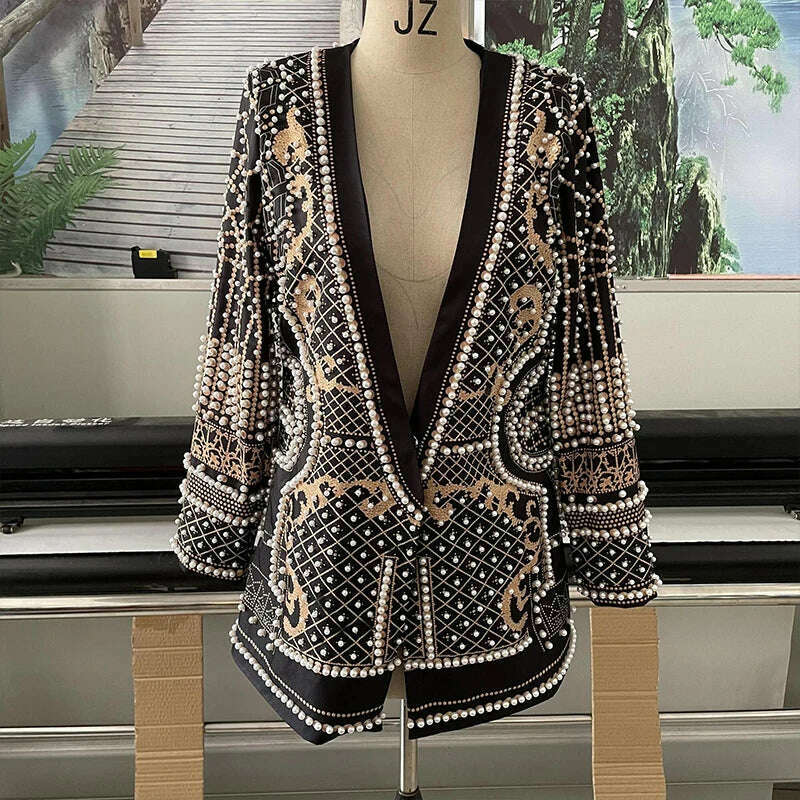 KIMLUD, Women Suit Jacket V-Neck Long Sleeved Bubble Bead Print Retro Elegant Fashion Trend Versatile Loose Comfortable Suit Overcoat, KIMLUD Womens Clothes