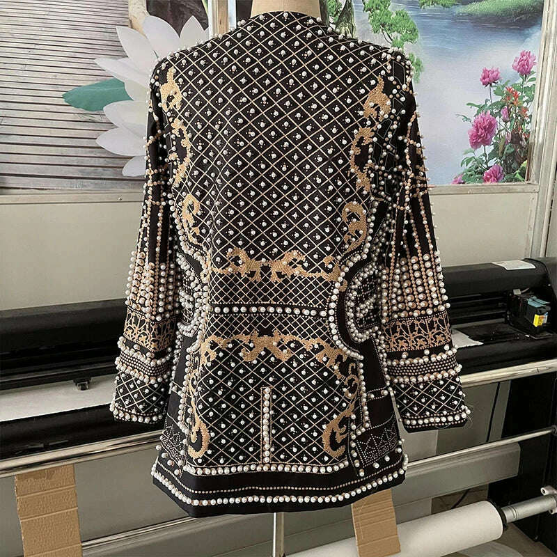 KIMLUD, Women Suit Jacket V-Neck Long Sleeved Bubble Bead Print Retro Elegant Fashion Trend Versatile Loose Comfortable Suit Overcoat, KIMLUD Womens Clothes