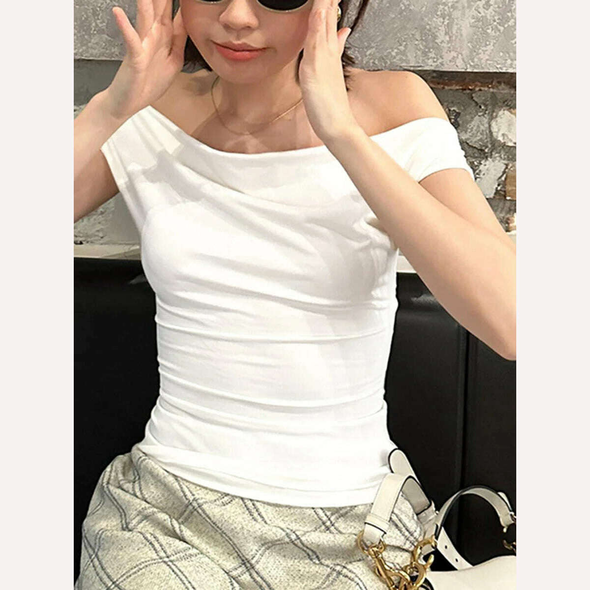 KIMLUD, Women Summer Casual Short Sleeve Crop Tops Solid Color Off Shoulder Boat Neck Backless Slim Fit Tops Streetwear, KIMLUD Womens Clothes