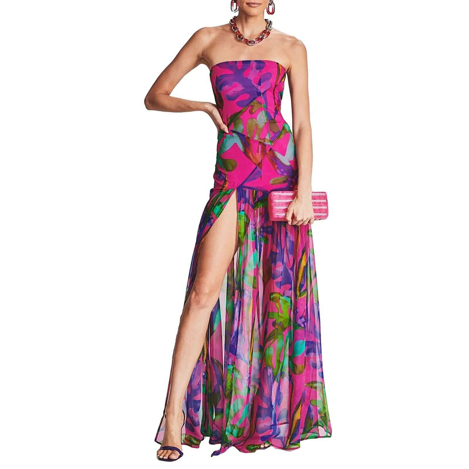 KIMLUD, Women Summer Evening Party Tube Dress Leopard Print Strapless Backless High Slit Long Dress Y2k Mesh Patchwork Cocktail Dresses, PURPLE / S, KIMLUD APPAREL - Womens Clothes