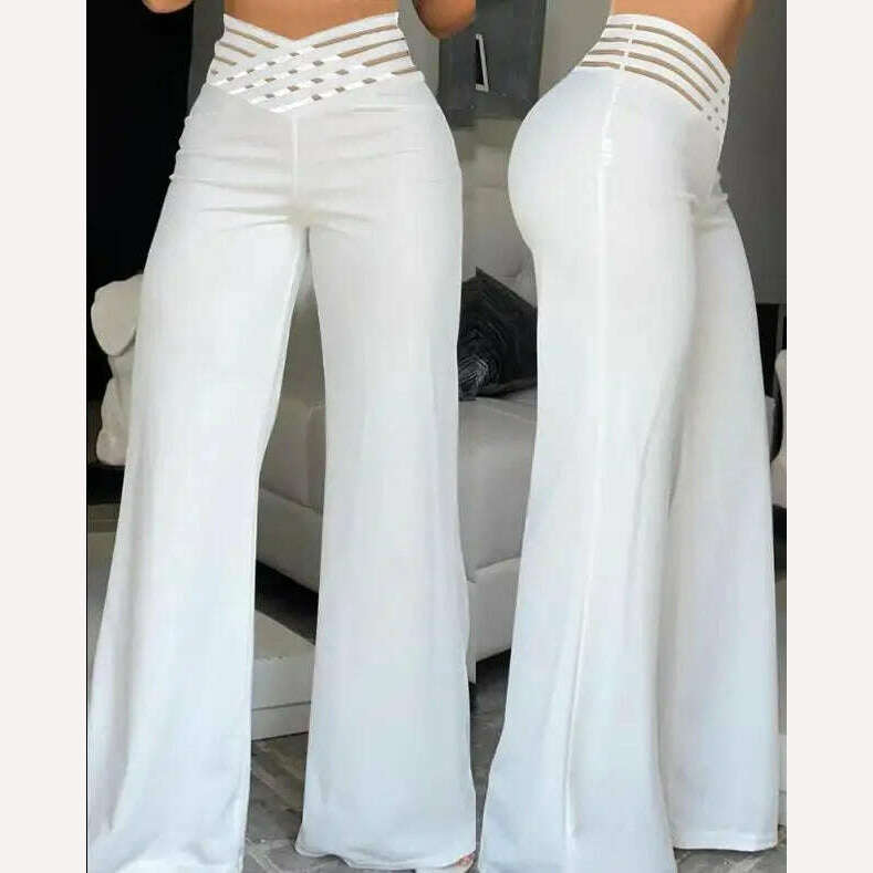 KIMLUD, Women Summer High Waist Pants European American Crisscross Sheer Mesh Patch Design Medium Stretch Fashion Flared Casual Trousers, C / S, KIMLUD APPAREL - Womens Clothes