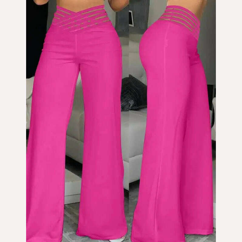 KIMLUD, Women Summer High Waist Pants European American Crisscross Sheer Mesh Patch Design Medium Stretch Fashion Flared Casual Trousers, D / S, KIMLUD APPAREL - Womens Clothes