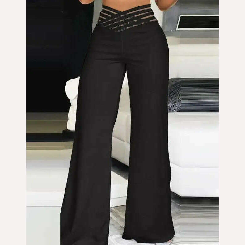 KIMLUD, Women Summer High Waist Pants European American Crisscross Sheer Mesh Patch Design Medium Stretch Fashion Flared Casual Trousers, KIMLUD Womens Clothes