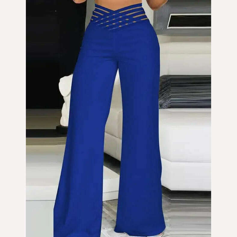 KIMLUD, Women Summer High Waist Pants European American Crisscross Sheer Mesh Patch Design Medium Stretch Fashion Flared Casual Trousers, KIMLUD Womens Clothes