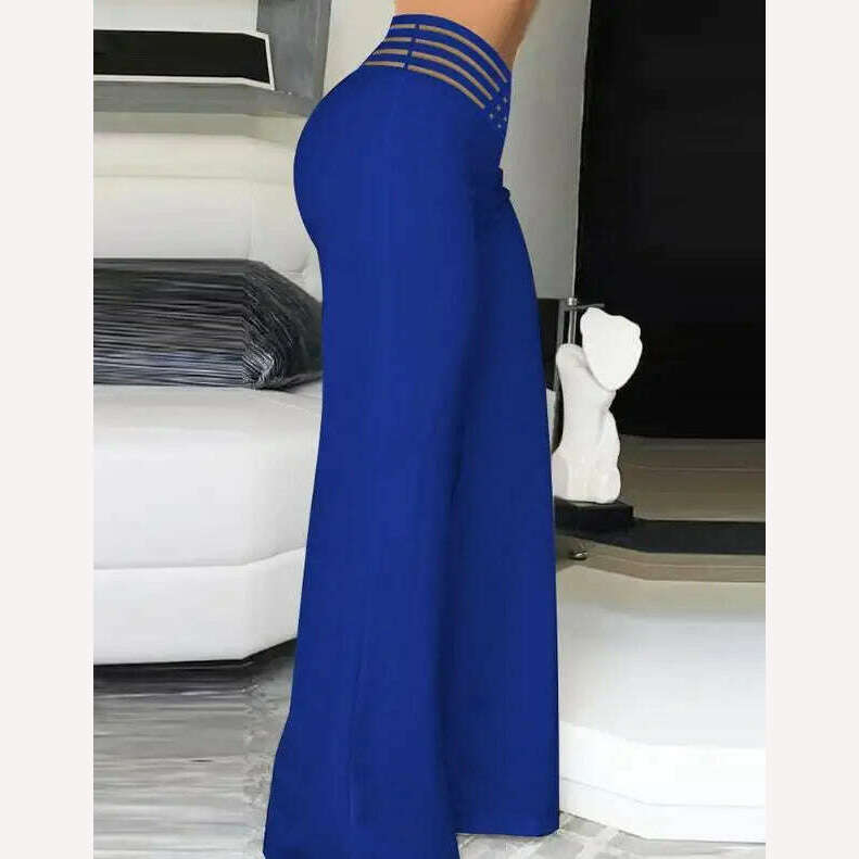 KIMLUD, Women Summer High Waist Pants European American Crisscross Sheer Mesh Patch Design Medium Stretch Fashion Flared Casual Trousers, KIMLUD Womens Clothes