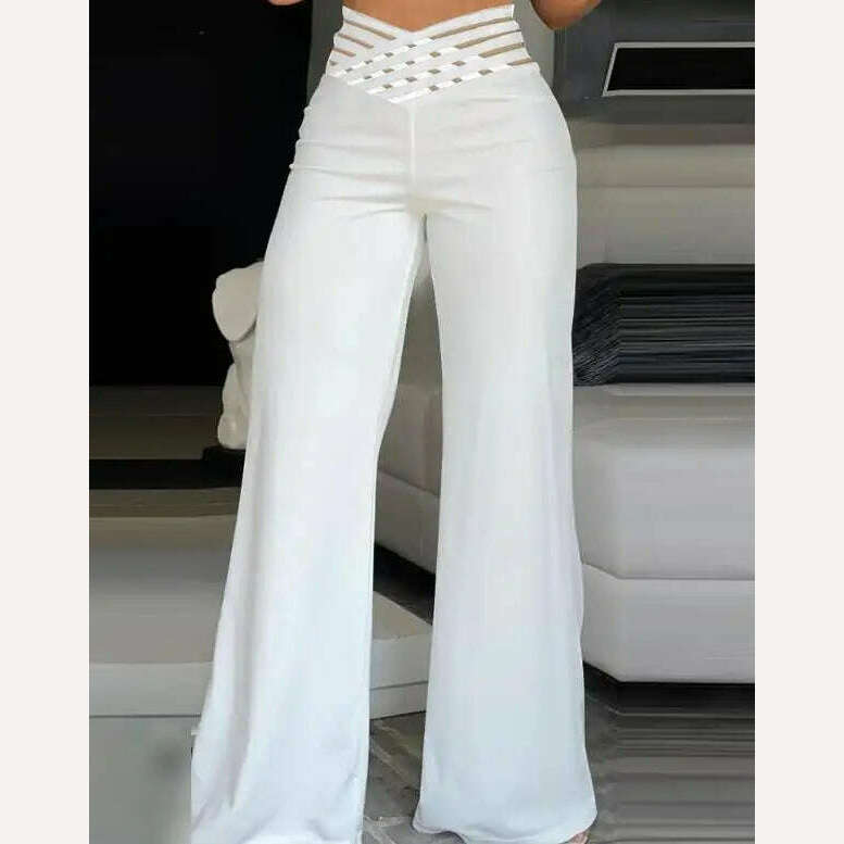 KIMLUD, Women Summer High Waist Pants European American Crisscross Sheer Mesh Patch Design Medium Stretch Fashion Flared Casual Trousers, KIMLUD Womens Clothes
