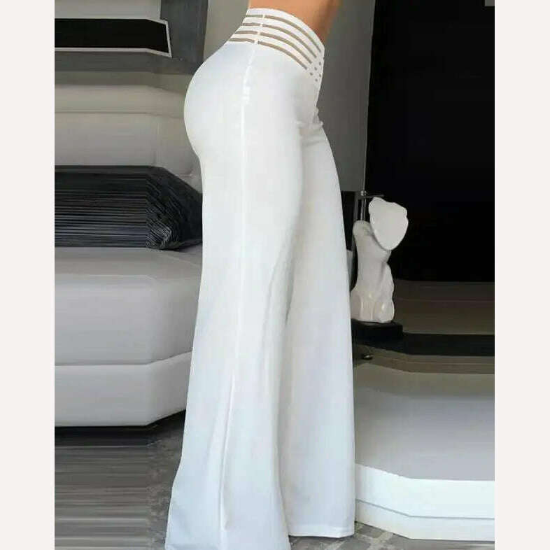 KIMLUD, Women Summer High Waist Pants European American Crisscross Sheer Mesh Patch Design Medium Stretch Fashion Flared Casual Trousers, KIMLUD Womens Clothes