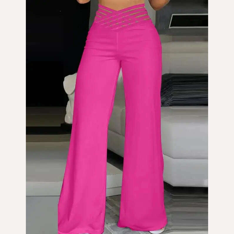 KIMLUD, Women Summer High Waist Pants European American Crisscross Sheer Mesh Patch Design Medium Stretch Fashion Flared Casual Trousers, KIMLUD Womens Clothes