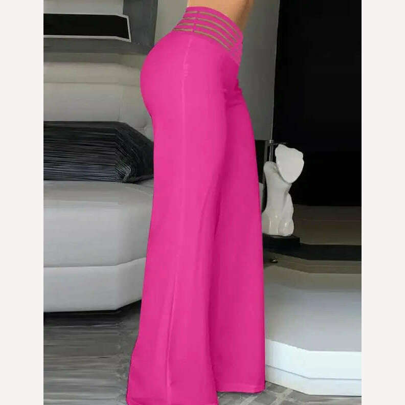 KIMLUD, Women Summer High Waist Pants European American Crisscross Sheer Mesh Patch Design Medium Stretch Fashion Flared Casual Trousers, KIMLUD Womens Clothes