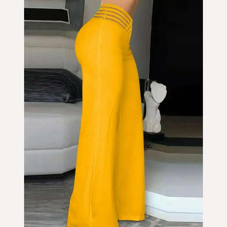 KIMLUD, Women Summer High Waist Pants European American Crisscross Sheer Mesh Patch Design Medium Stretch Fashion Flared Casual Trousers, KIMLUD Womens Clothes