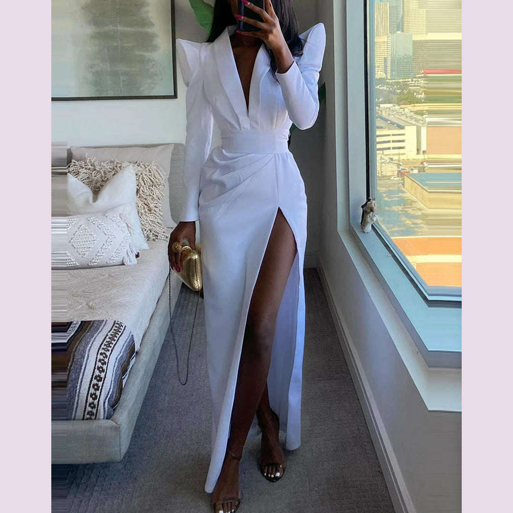 KIMLUD, Women Summer Padded Shoulder High Slit Ruched Evening Patry Dress, WHITE / XL, KIMLUD APPAREL - Womens Clothes