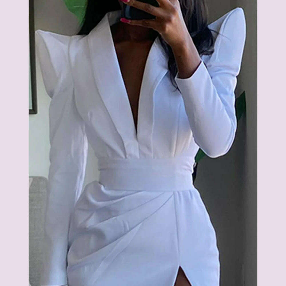 KIMLUD, Women Summer Padded Shoulder High Slit Ruched Evening Patry Dress, KIMLUD Womens Clothes