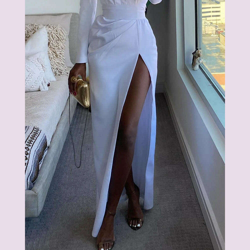 KIMLUD, Women Summer Padded Shoulder High Slit Ruched Evening Patry Dress, KIMLUD Womens Clothes