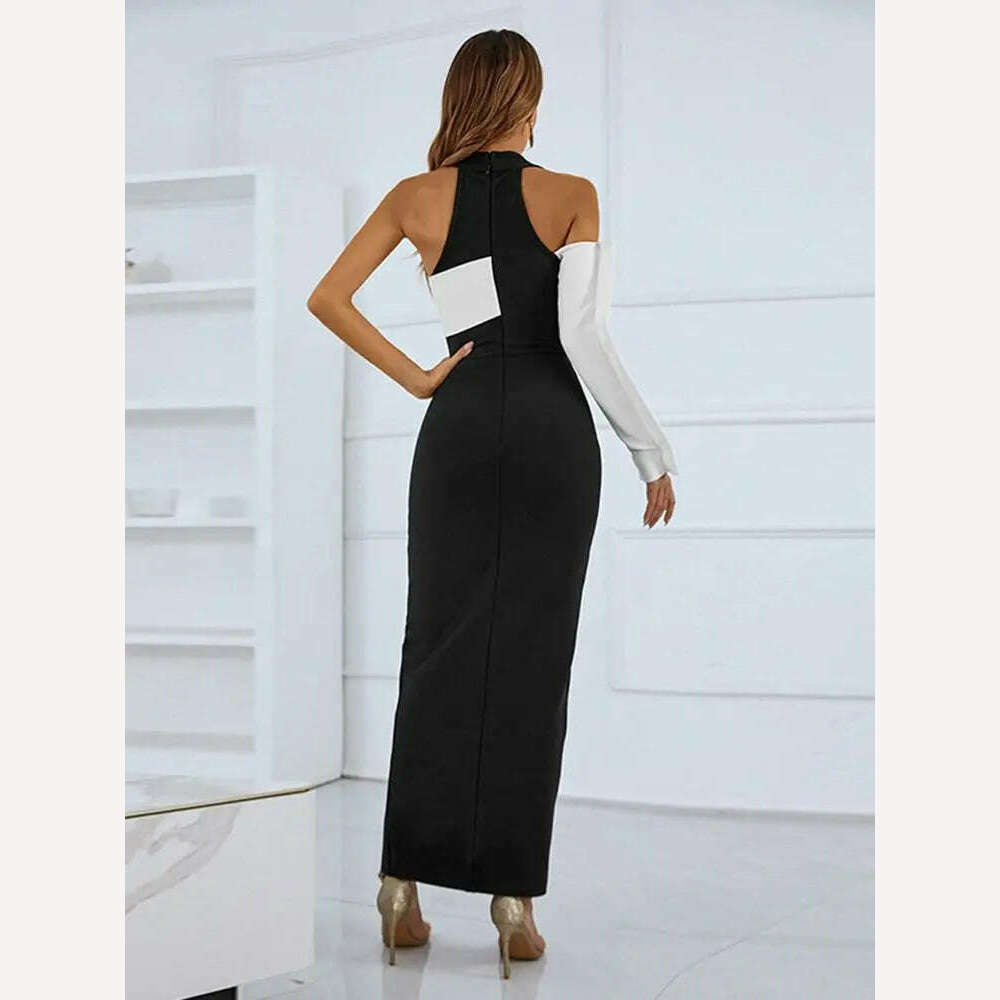 KIMLUD, Women Summer Sexy Single Sleeve Patchwork Key Hole Maxi Long Bodycon Bandage Dress 2022 Elegant Evening Club Party Dress, KIMLUD Womens Clothes