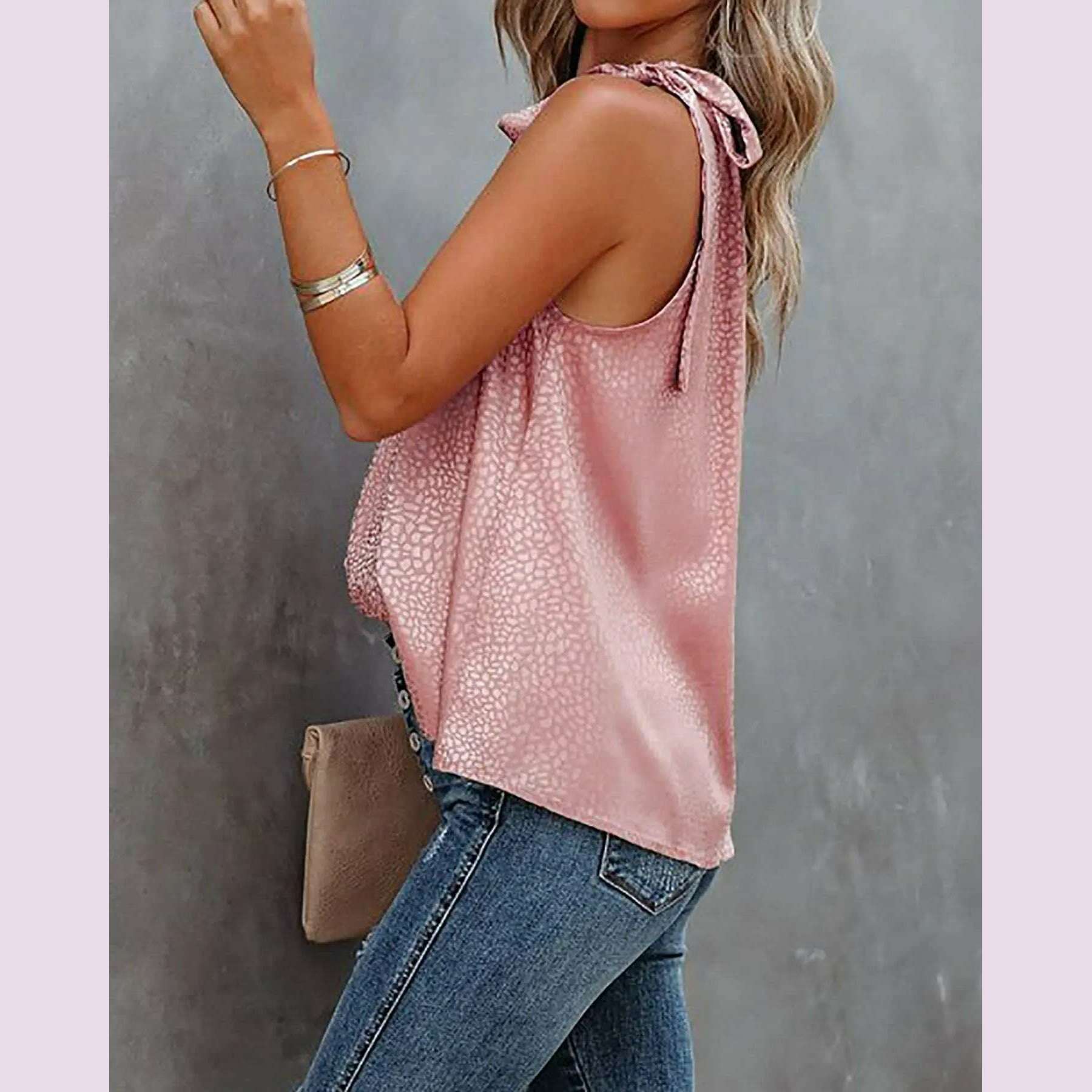 KIMLUD, Women Summer Style Blouses Shirts Lady Casual Sleeveless Halter Collar Solid Color Blouse Tops DF5071, KIMLUD Womens Clothes