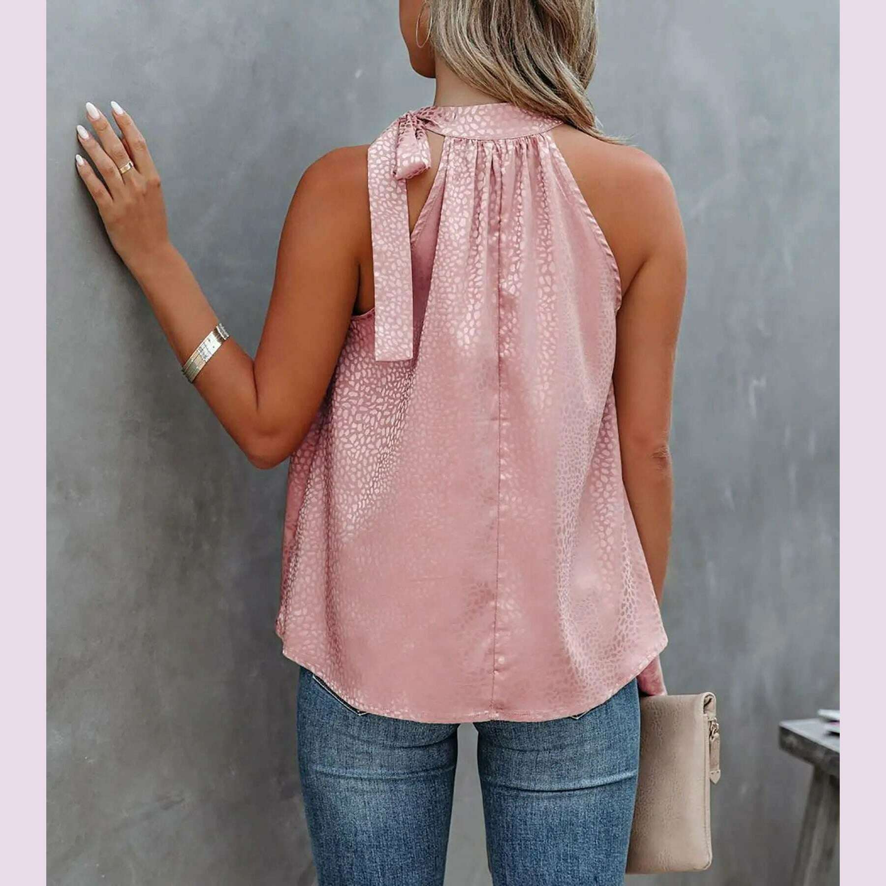KIMLUD, Women Summer Style Blouses Shirts Lady Casual Sleeveless Halter Collar Solid Color Blouse Tops DF5071, KIMLUD Womens Clothes