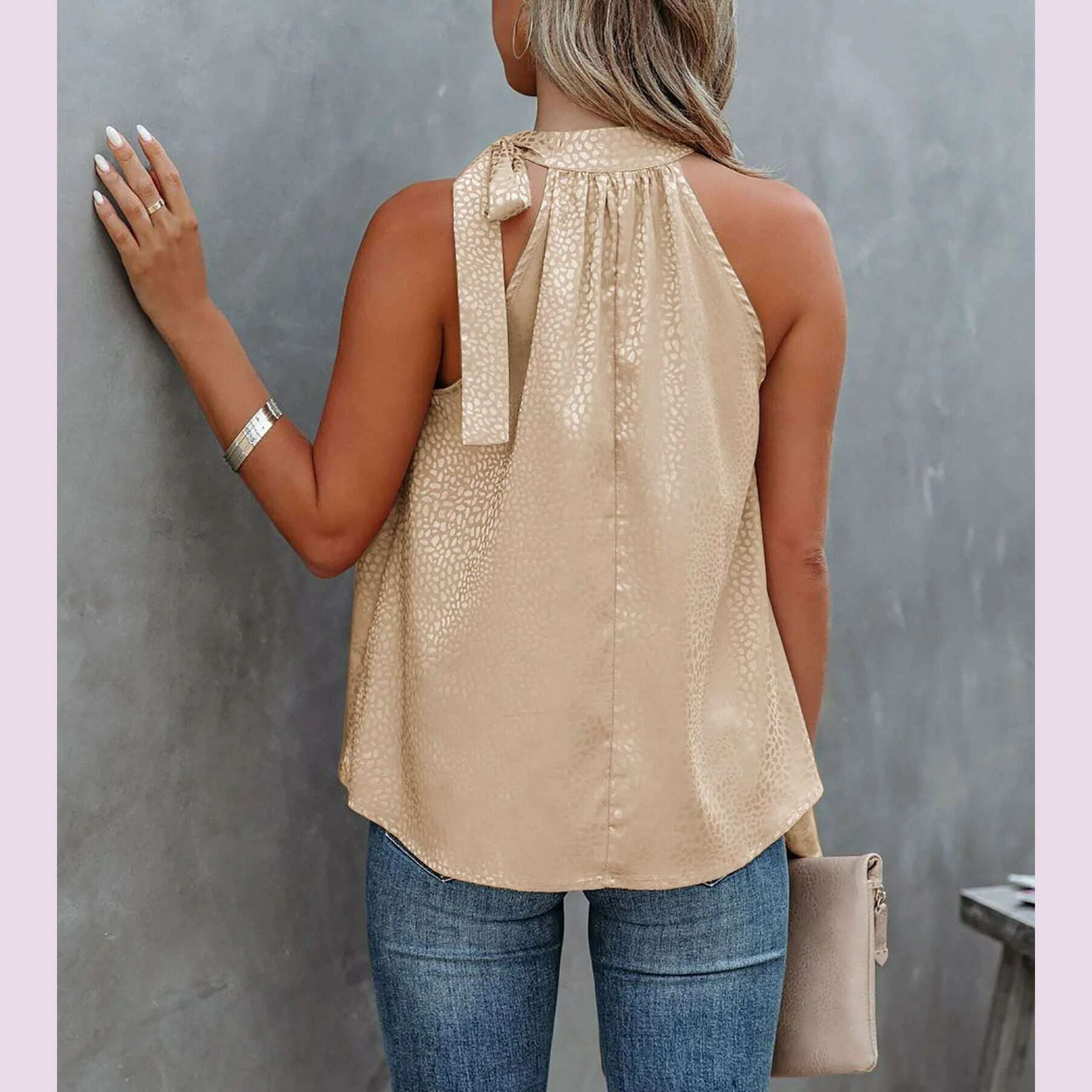 KIMLUD, Women Summer Style Blouses Shirts Lady Casual Sleeveless Halter Collar Solid Color Blouse Tops DF5071, KIMLUD Womens Clothes