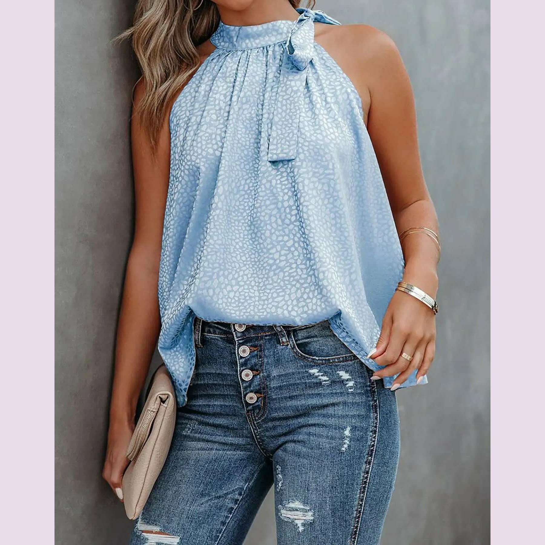 KIMLUD, Women Summer Style Blouses Shirts Lady Casual Sleeveless Halter Collar Solid Color Blouse Tops DF5071, light blue / M, KIMLUD APPAREL - Womens Clothes