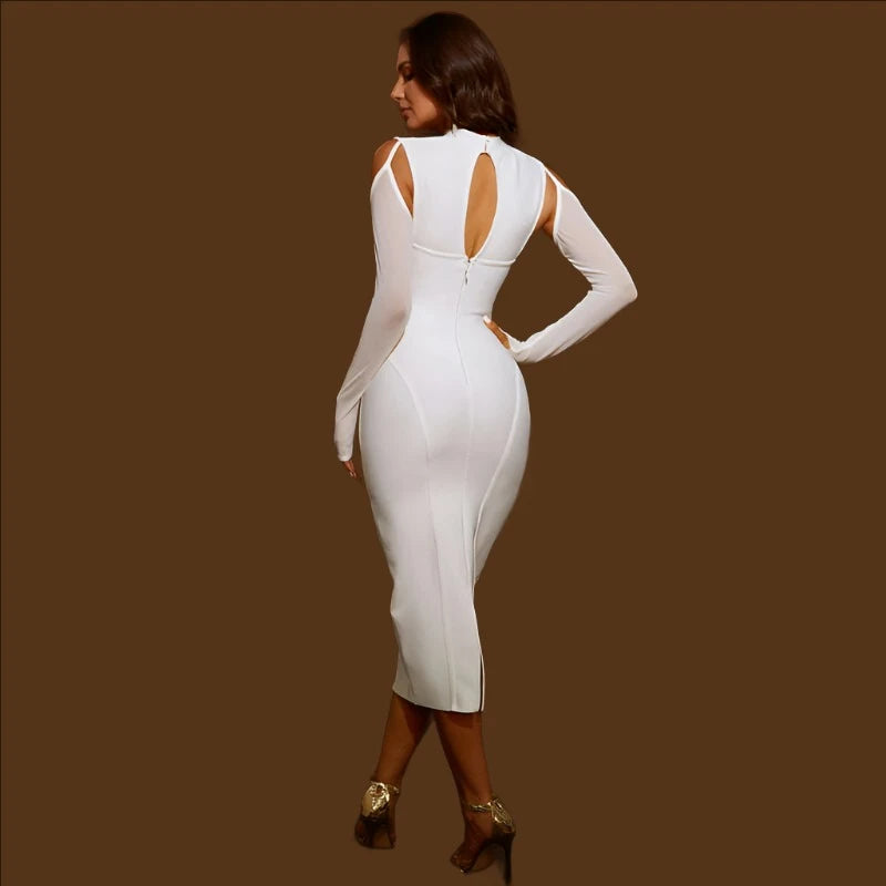 KIMLUD, Women Summer Style Sexy Key Hole Long Sleeve Mesh White Midi Bodycon Bandage Dress 2022 Elegant Evening Club Party Dress, KIMLUD Womens Clothes