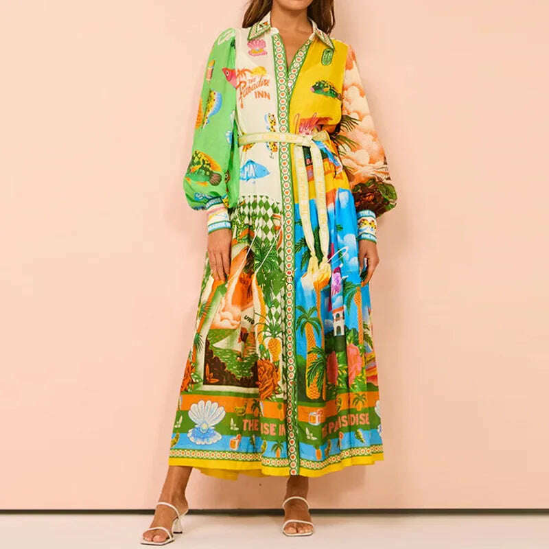 KIMLUD, Women Temperament Printed Lantern Sleeve Belt Shirt Mid-Length Dress Vestidos De Noche Juveniles Vestidos De Noche Juveniles, KIMLUD Womens Clothes