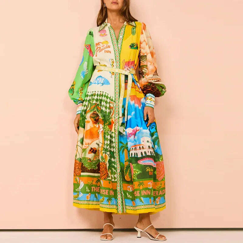 KIMLUD, Women Temperament Printed Lantern Sleeve Belt Shirt Mid-Length Dress Vestidos De Noche Juveniles Vestidos De Noche Juveniles, KIMLUD Womens Clothes