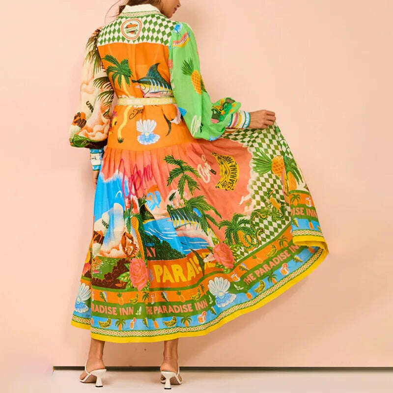 KIMLUD, Women Temperament Printed Lantern Sleeve Belt Shirt Mid-Length Dress Vestidos De Noche Juveniles Vestidos De Noche Juveniles, KIMLUD Womens Clothes