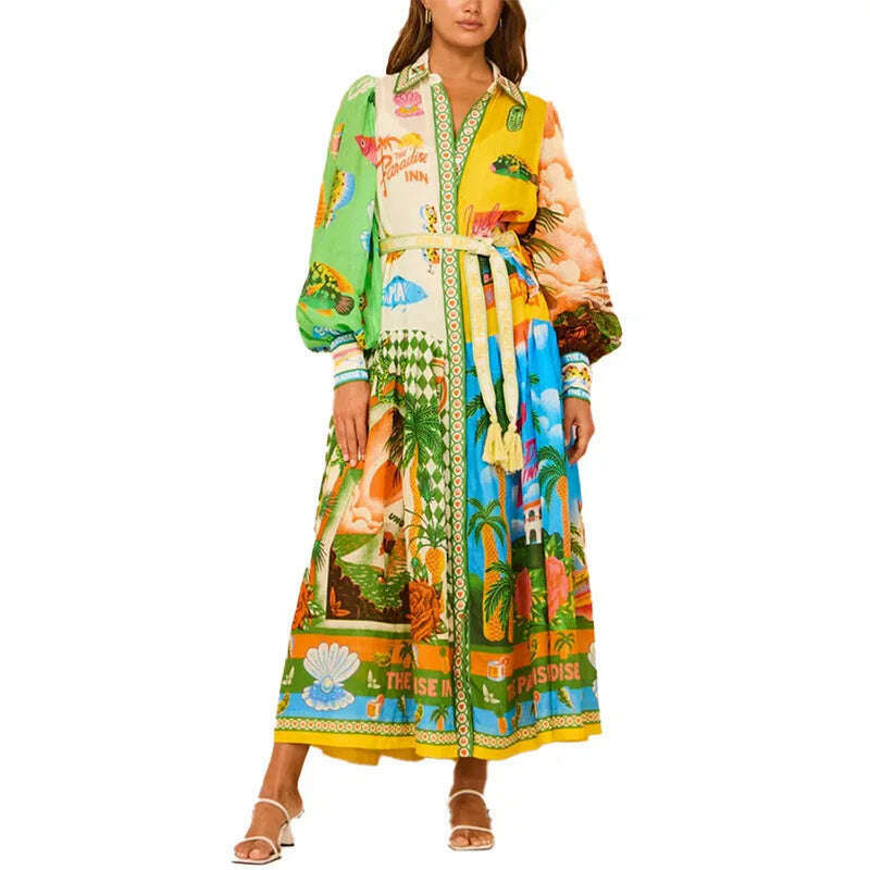 KIMLUD, Women Temperament Printed Lantern Sleeve Belt Shirt Mid-Length Dress Vestidos De Noche Juveniles Vestidos De Noche Juveniles, KIMLUD Womens Clothes
