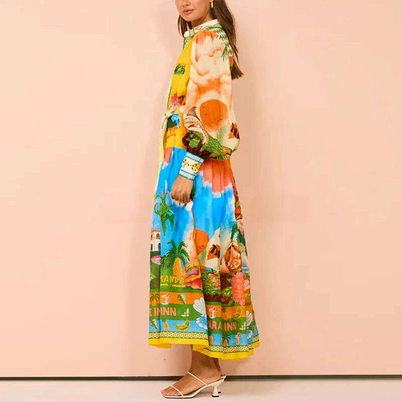 KIMLUD, Women Temperament Printed Lantern Sleeve Belt Shirt Mid-Length Dress Vestidos De Noche Juveniles Vestidos De Noche Juveniles, KIMLUD Womens Clothes