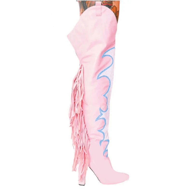 KIMLUD, Women Thigh High Block Heel Boots Pointed Toe Sequin Designs Fringe Boots Sexy Nightclub Cowboy Back Zip Shoes Botas De Mujer, Pink Faux Leather / 44, KIMLUD APPAREL - Womens Clothes