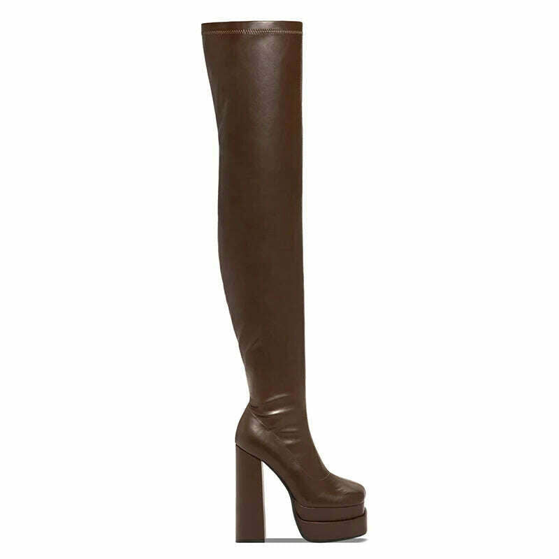 KIMLUD, Women Thigh High Boots Double Platform Block High Heels Over The Knee Boots Zip Sexy Long Shoes Boots For Woman, brown / 34, KIMLUD APPAREL - Womens Clothes