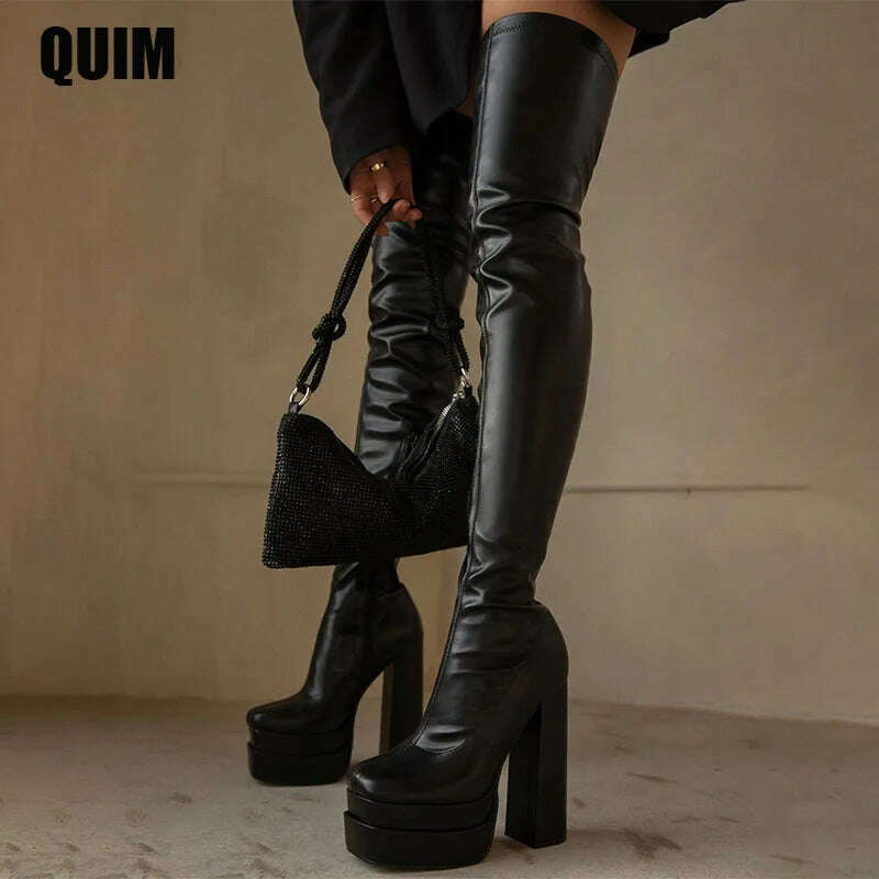 KIMLUD, Women Thigh High Boots Double Platform Block High Heels Over The Knee Boots Zip Sexy Long Shoes Boots For Woman, KIMLUD Womens Clothes