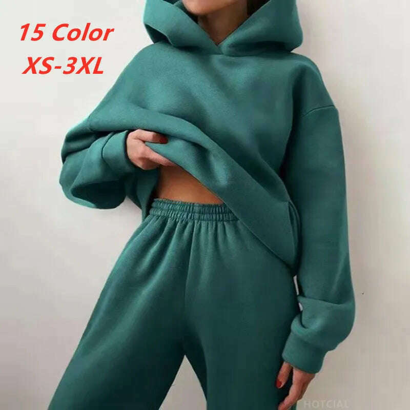 Women Tracksuit Hoodies Casual Solid Long Sleeve Fleece Warm Hooded Sportswear Suit Hoody Pullovers Long Pant Two Pieces Sets - KIMLUD