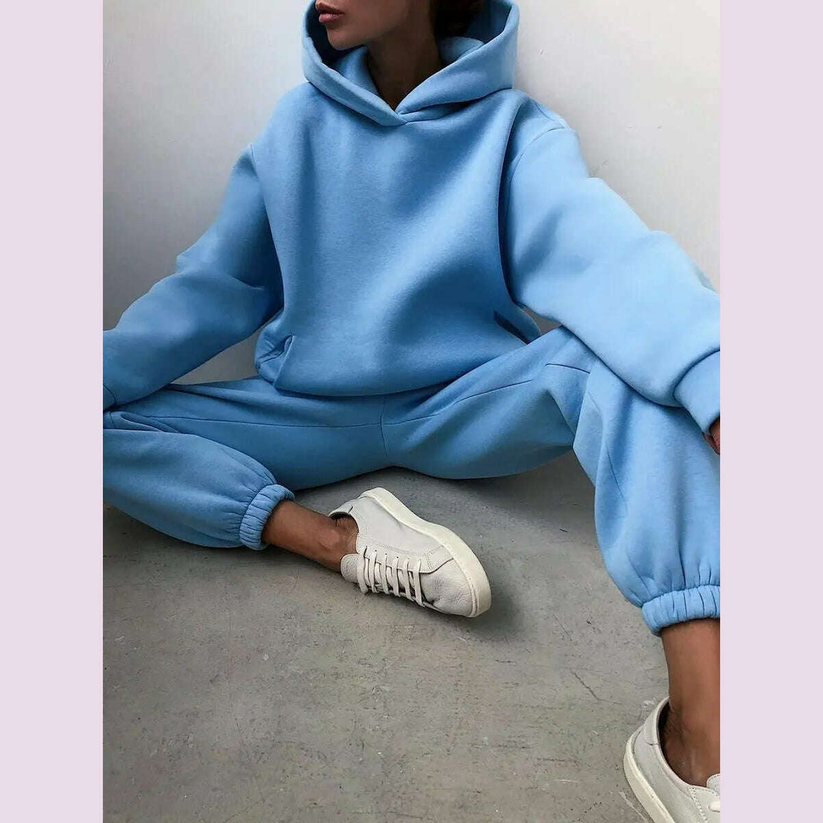 Women Tracksuit Hoodies Casual Solid Long Sleeve Fleece Warm Hooded Sportswear Suit Hoody Pullovers Long Pant Two Pieces Sets - KIMLUD