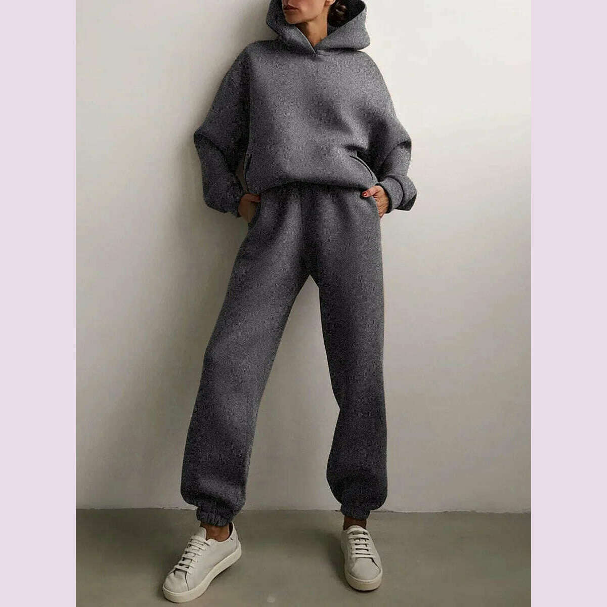 Women Tracksuit Hoodies Casual Solid Long Sleeve Fleece Warm Hooded Sportswear Suit Hoody Pullovers Long Pant Two Pieces Sets - KIMLUD