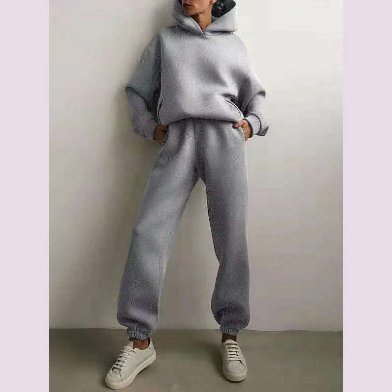 Women Tracksuit Hoodies Casual Solid Long Sleeve Fleece Warm Hooded Sportswear Suit Hoody Pullovers Long Pant Two Pieces Sets - KIMLUD