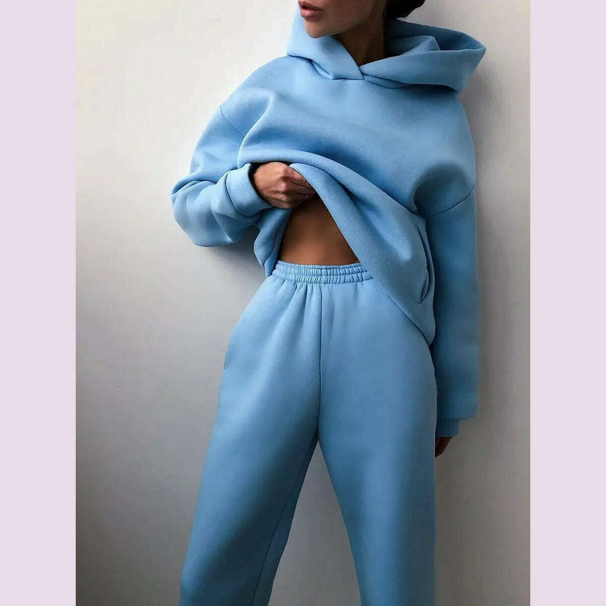 Women Tracksuit Hoodies Casual Solid Long Sleeve Fleece Warm Hooded Sportswear Suit Hoody Pullovers Long Pant Two Pieces Sets - KIMLUD