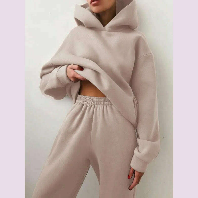 Women Tracksuit Hoodies Casual Solid Long Sleeve Fleece Warm Hooded Sportswear Suit Hoody Pullovers Long Pant Two Pieces Sets - KIMLUD