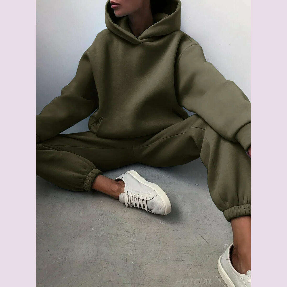 Women Tracksuit Hoodies Casual Solid Long Sleeve Fleece Warm Hooded Sportswear Suit Hoody Pullovers Long Pant Two Pieces Sets - KIMLUD