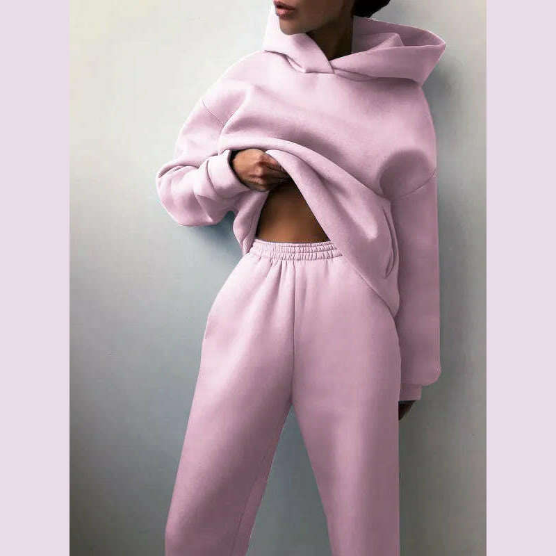 Women Tracksuit Hoodies Casual Solid Long Sleeve Fleece Warm Hooded Sportswear Suit Hoody Pullovers Long Pant Two Pieces Sets - KIMLUD