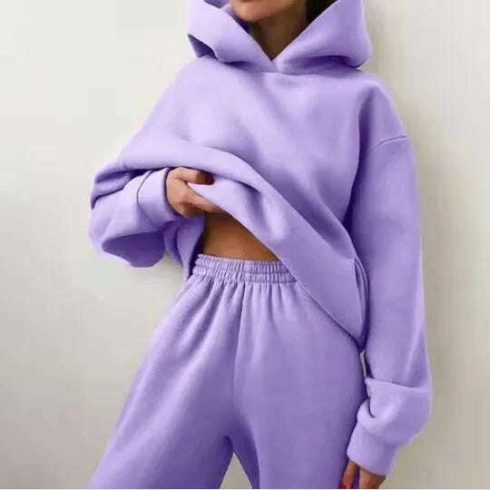 Women Tracksuit Hoodies Casual Solid Long Sleeve Fleece Warm Hooded Sportswear Suit Hoody Pullovers Long Pant Two Pieces Sets - KIMLUD