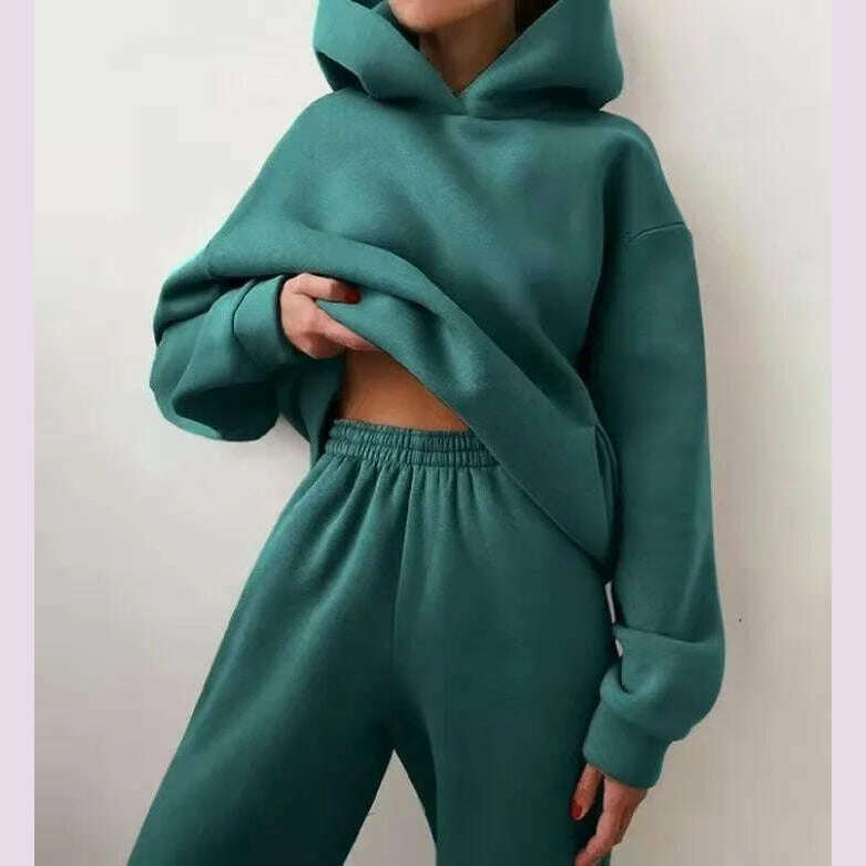 Women Tracksuit Hoodies Casual Solid Long Sleeve Fleece Warm Hooded Sportswear Suit Hoody Pullovers Long Pant Two Pieces Sets - KIMLUD
