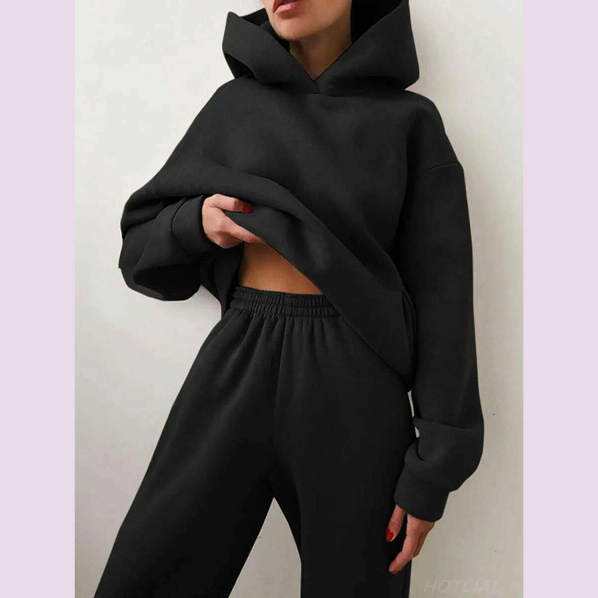 Women Tracksuit Hoodies Casual Solid Long Sleeve Fleece Warm Hooded Sportswear Suit Hoody Pullovers Long Pant Two Pieces Sets - KIMLUD