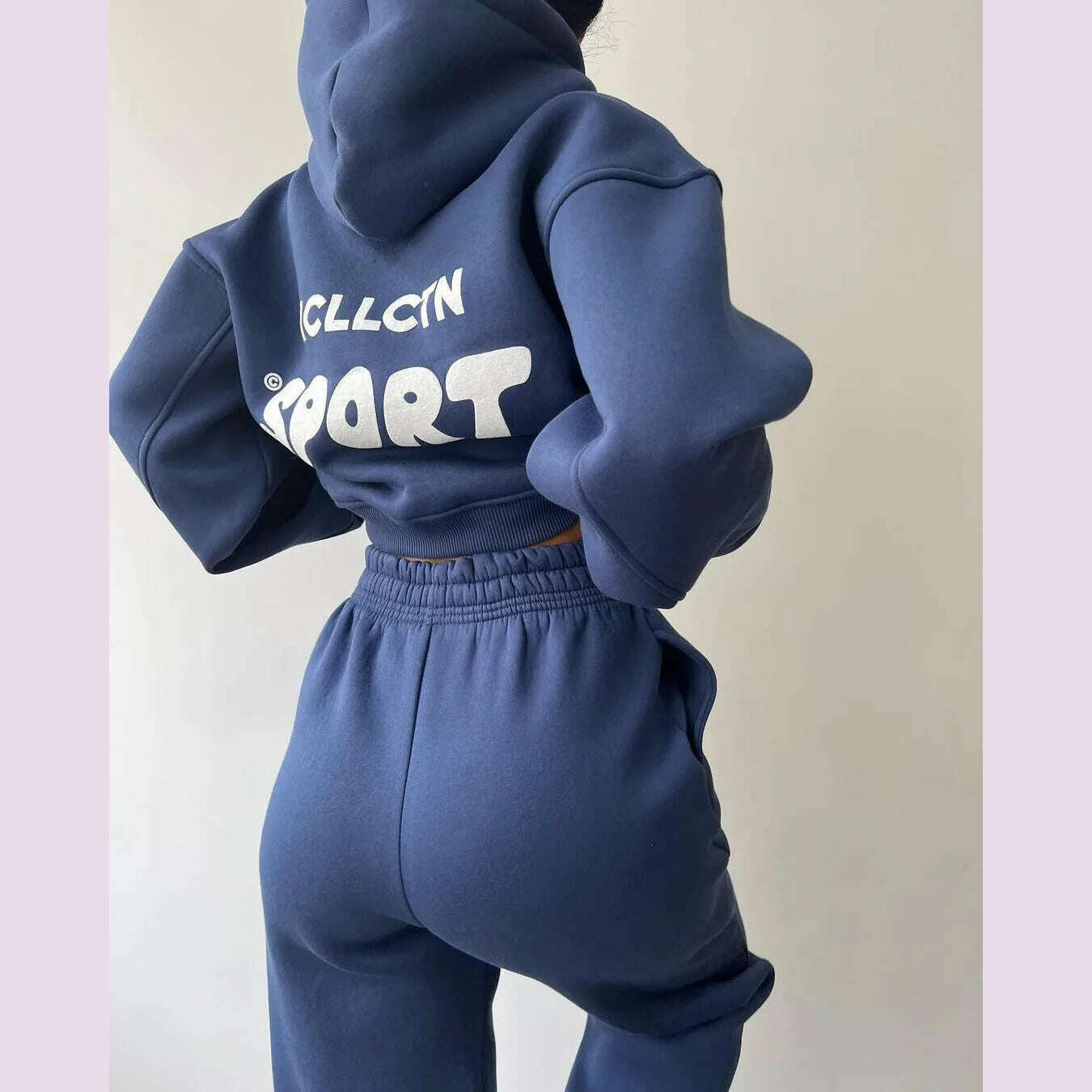 Women Tracksuit Solid Long Sleeve Letter Print Hoodie 2024 Fall Casual Loose Hooded Sets Warm Suit Trousers Two Piece Pants Sets - KIMLUD