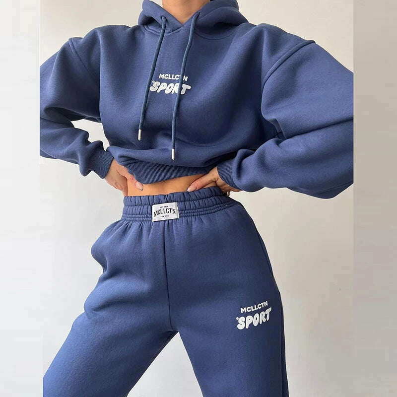 Women Tracksuit Solid Long Sleeve Letter Print Hoodie 2024 Fall Casual Loose Hooded Sets Warm Suit Trousers Two Piece Pants Sets - KIMLUD