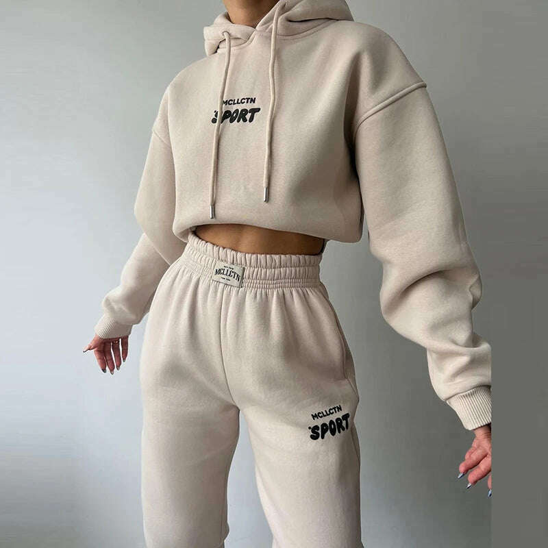 Women Tracksuit Solid Long Sleeve Letter Print Hoodie 2024 Fall Casual Loose Hooded Sets Warm Suit Trousers Two Piece Pants Sets - KIMLUD