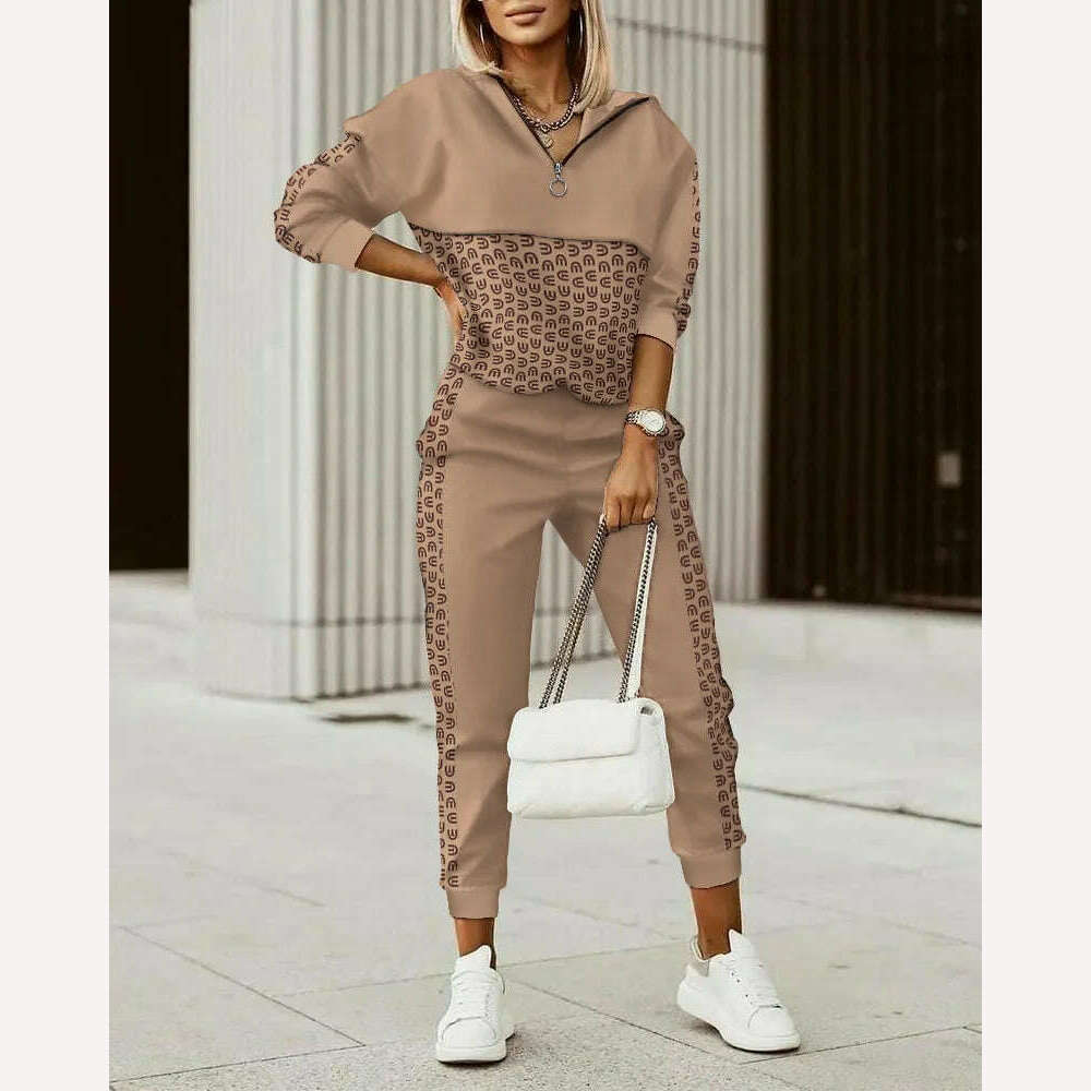 KIMLUD, Women Tracksuit Spring Autumn Two Pieces Set Female Print Loose Pants Matching Suit Streetwear Long Sleeve Tops And Trousers Set, Light Brown / S, KIMLUD APPAREL - Womens Clothes